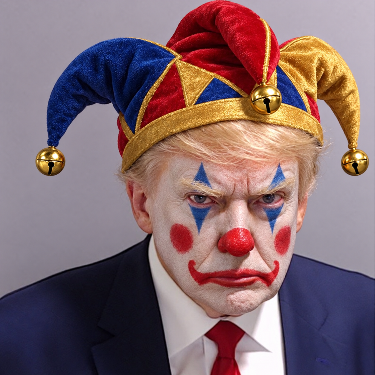 Satirical portrait of Donald Jester Trump wearing clown makeup and a red, blue, and gold jester hat